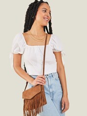 Accessorize Brown Leather Fringe Cross-Body Bag - Image 1 of 4