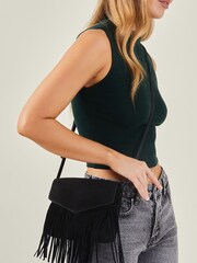 Accessorize Black Leather Fringe Cross-Body Bag - Image 1 of 4