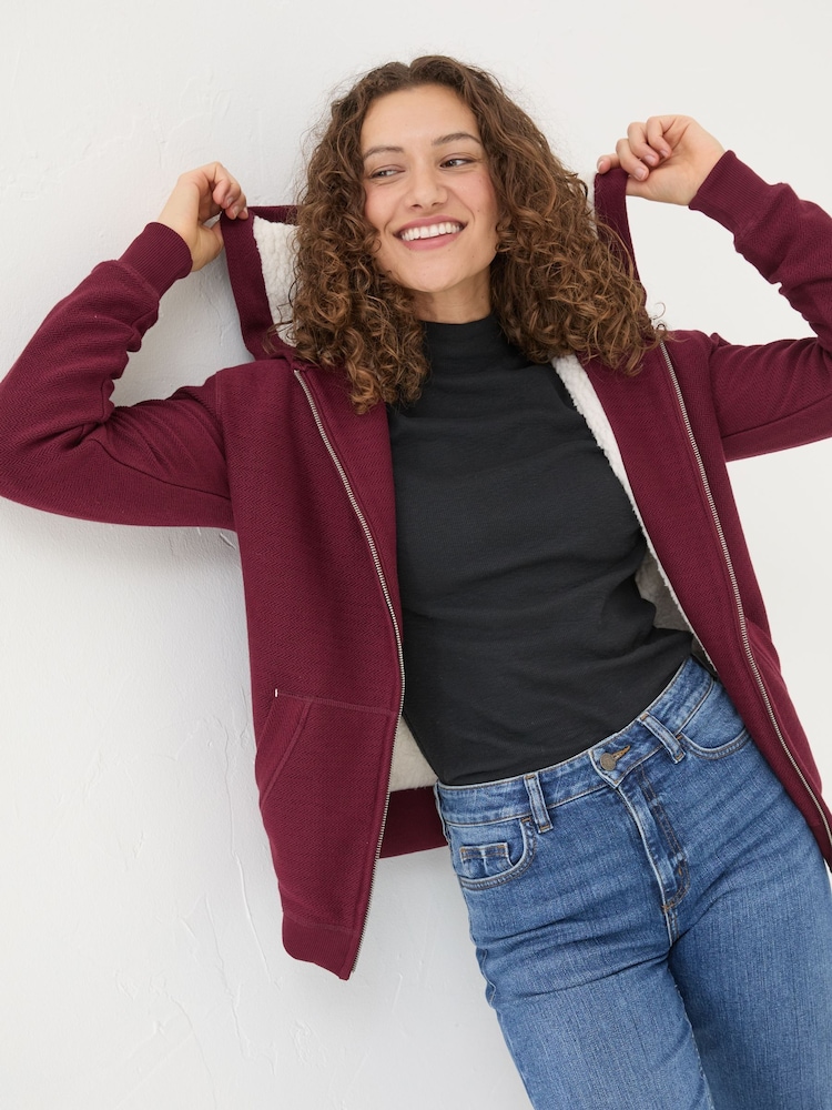 FatFace Amy Dark Red Nep Borg Lined Zip Through Hoodie - Image 1 of 4