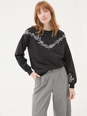 FatFace Black Embroidered Crew Sweat Top - Image 1 of 6