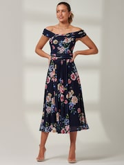 Jolie Moi Blue Floral Bardot Mesh Midi Dress - Image 1 of 6