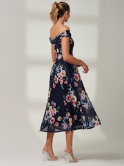 Jolie Moi Blue Floral Bardot Mesh Midi Dress - Image 2 of 6