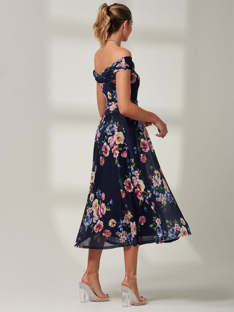 Jolie Moi Blue Floral Bardot Mesh Midi Dress - Image 2 of 6