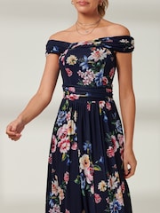 Jolie Moi Blue Floral Bardot Mesh Midi Dress - Image 3 of 6