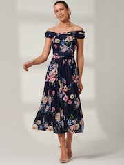 Jolie Moi Blue Floral Bardot Mesh Midi Dress - Image 4 of 6