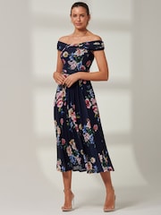 Jolie Moi Blue Floral Bardot Mesh Midi Dress - Image 5 of 6