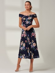 Jolie Moi Blue Floral Bardot Mesh Midi Dress - Image 6 of 6