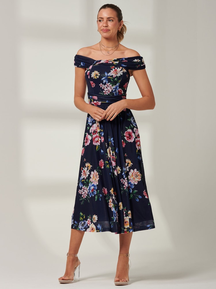 Jolie Moi Blue Floral Bardot Mesh Midi Dress - Image 6 of 6