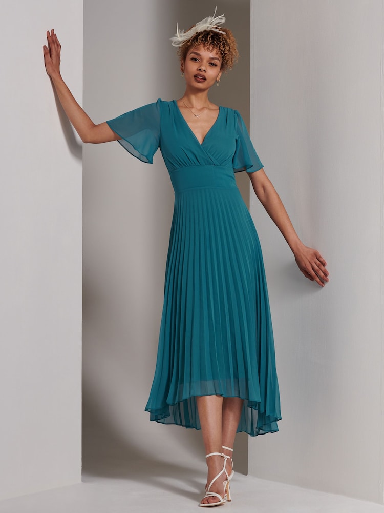 Verde azulado - Vestido largo asimétrico plisado de chifón de Jolie Moi - Imagen 1 de 6 Verde azulado - Vestido largo asimétrico plisado de chifón de Jolie Moi - Imagen 1 de 6