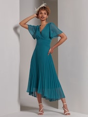 Jolie Moi Teal Blue Elene Pleated High Low Chiffon Maxi Dress - Image 4 of 6