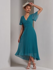 Jolie Moi Teal Blue Elene Pleated High Low Chiffon Maxi Dress - Image 6 of 6
