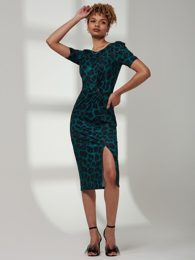 Jolie Moi Green Ray Ruched Waist Bodycon Midi Dress - Image 1 of 6