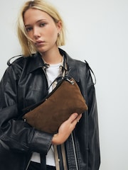 Taupe Brown Leather Contrast Cross Body Bag - Image 1 of 6