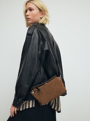 Taupe Brown Leather Contrast Cross Body Bag - Image 2 of 6