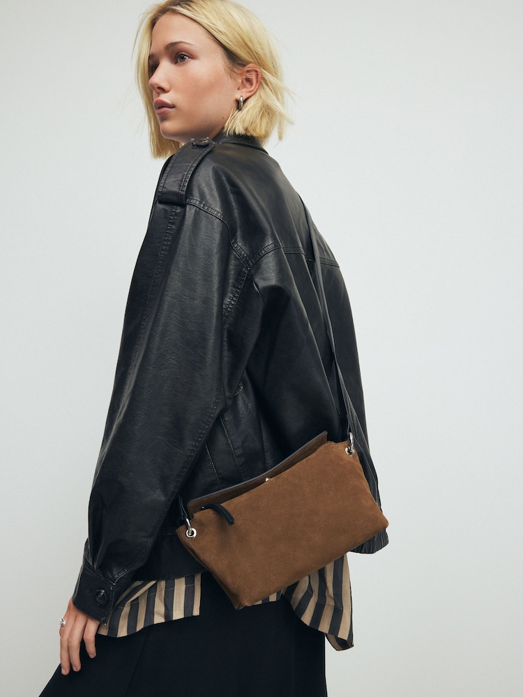 Taupe Brown Leather Contrast Cross Body Bag - Image 2 of 6