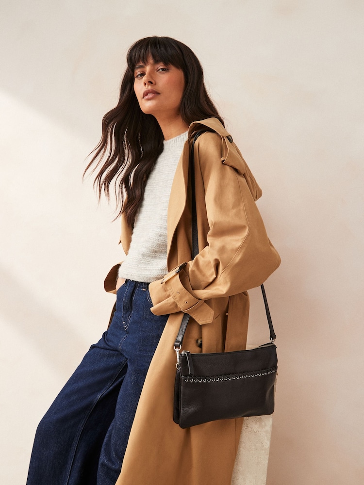 Black Leather Whipstitch Cross-Body Bag - Image 1 of 8