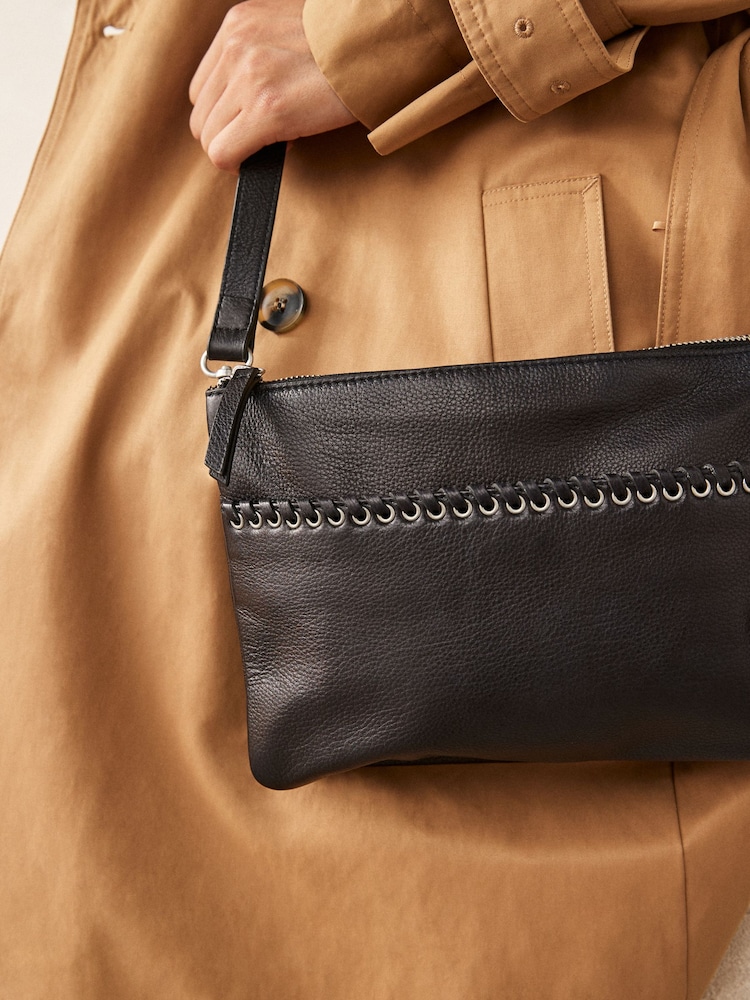 Black Leather Whipstitch Cross-Body Bag - Image 2 of 8 Black Leather Whipstitch Cross-Body Bag - Image 2 of 8