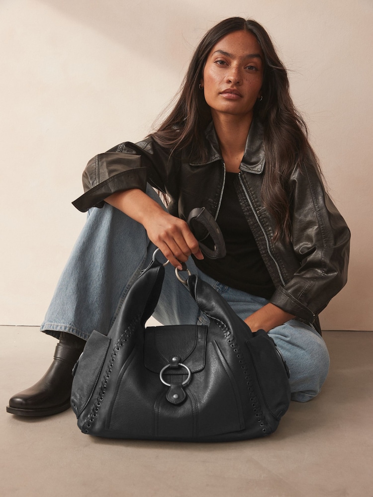 Black Leather Whipstitch Shoulder Bag - Image 1 of 8