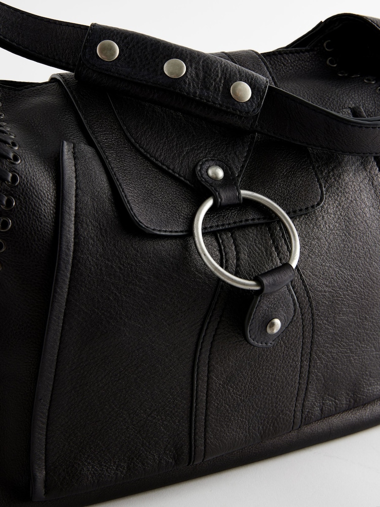 Black Leather Whipstitch Shoulder Bag - Image 8 of 8