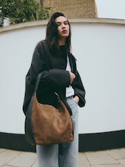 Tan Brown Suede Contrast Shoulder Bag - Image 2 of 12