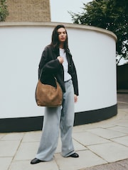 Tan Brown Suede Contrast Shoulder Bag - Image 3 of 12