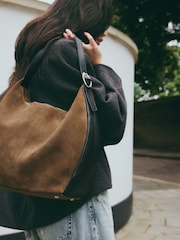 Tan Brown Suede Contrast Shoulder Bag - Image 4 of 12