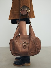 Tan Brown Leather Whipstitch Shoulder Bag - Image 4 of 11