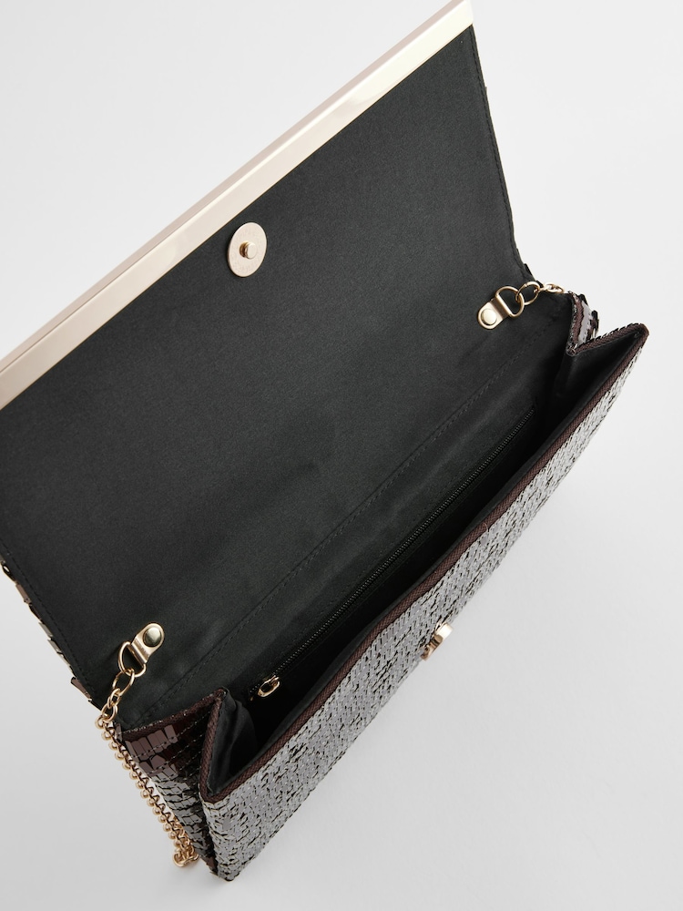 Schokoladenbraun/Pailletten - Clutch-Tasche mit abnehmbarer Umhängekette - Bild 5 von 5