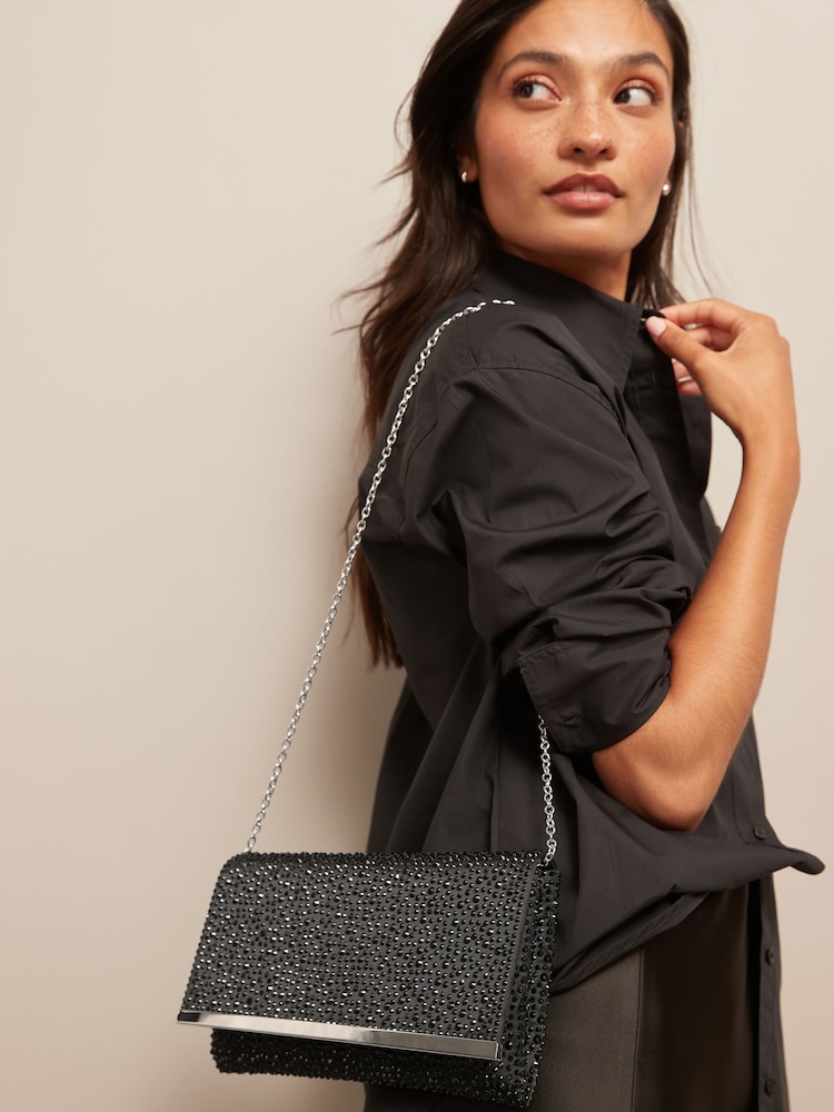 Schwarz, Glitzer - Clutch-Tasche mit abnehmbarer Umhängekette - Bild 2 von 9