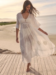 White Embroidered Maxi 100% Cotton Kaftan - Image 1 of 9