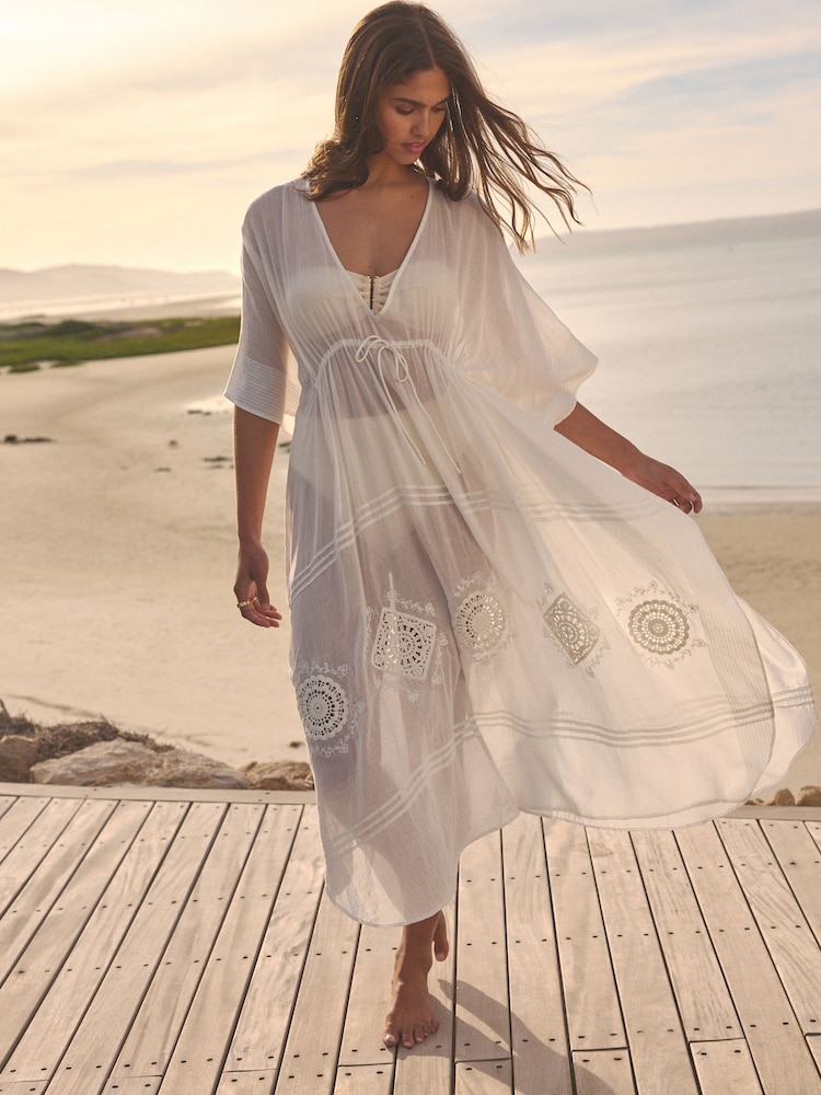 White Embroidered Maxi 100% Cotton Kaftan - Image 1 of 9