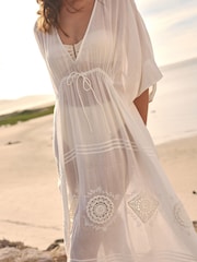 White Embroidered Maxi 100% Cotton Kaftan - Image 4 of 9