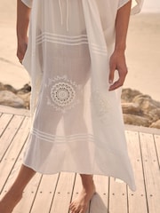 White Embroidered Maxi 100% Cotton Kaftan - Image 5 of 9