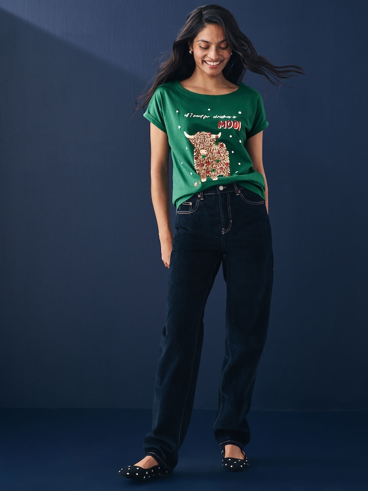 Green Christmas Hamish The Cow Cap Sleeve 100% Cotton T-Shirt - Image 2 of 7