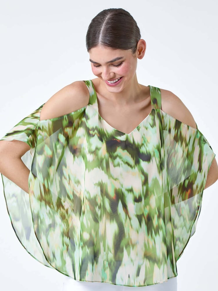 Roman Green Abstract Print Cold Shoulder Overlay Top - Image 2 of 5