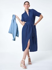 Roman Blue Textured Belted Midi Shirt Dress - Image 1 of 5