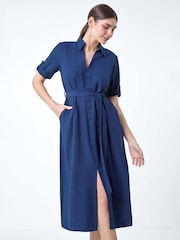 Roman Blue Textured Belted Midi Shirt Dress - Image 2 of 5