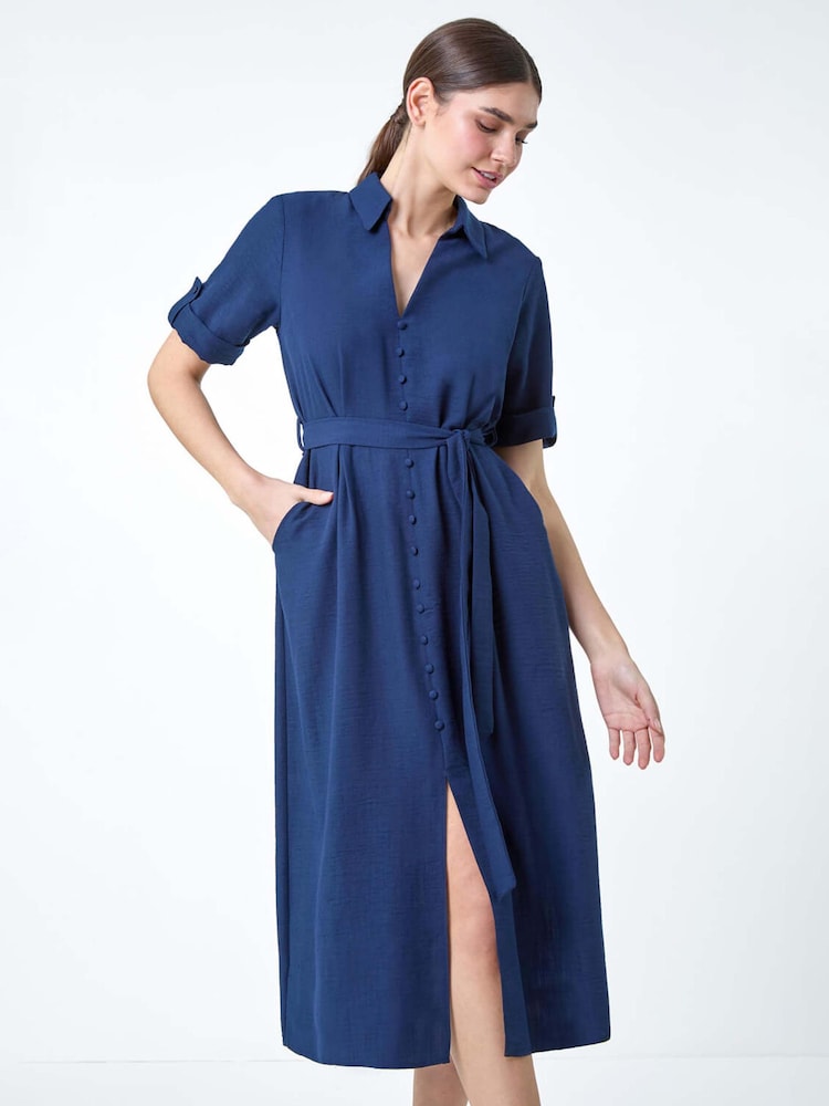 Roman Blue Textured Belted Midi Shirt Dress - Image 2 of 5