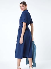 Roman Blue Textured Belted Midi Shirt Dress - Image 3 of 5