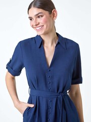 Roman Blue Textured Belted Midi Shirt Dress - Image 4 of 5