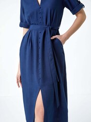 Roman Blue Textured Belted Midi Shirt Dress - Image 5 of 5