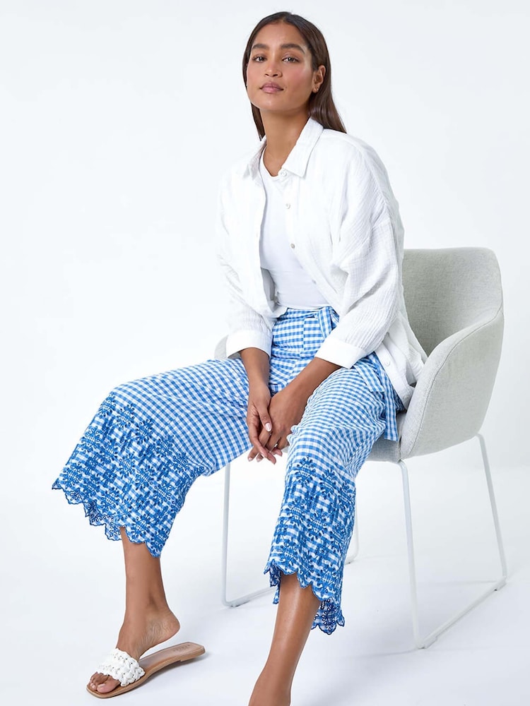 Roman Blue Gingham 100% Cotton Broderie Cropped Trousers - Image 1 of 5