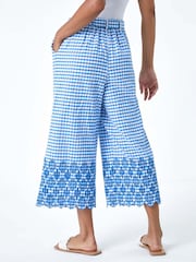 Roman Blue Gingham 100% Cotton Broderie Cropped Trousers - Image 3 of 5