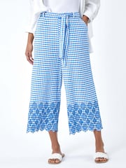 Roman Blue Gingham 100% Cotton Broderie Cropped Trousers - Image 4 of 5