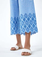 Roman Blue Gingham 100% Cotton Broderie Cropped Trousers - Image 5 of 5