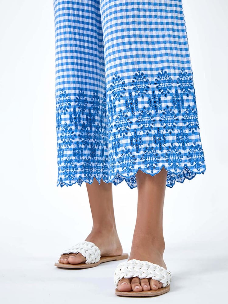 Roman Blue Gingham 100% Cotton Broderie Cropped Trousers - Image 5 of 5
