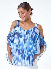 Roman Blue Abstract Print Cold Shoulder Overlay Top - Image 1 of 5