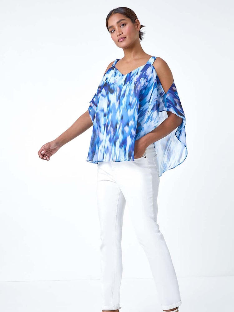 Roman Blue Abstract Print Cold Shoulder Overlay Top - Image 2 of 5