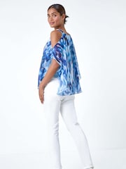 Roman Blue Abstract Print Cold Shoulder Overlay Top - Image 3 of 5