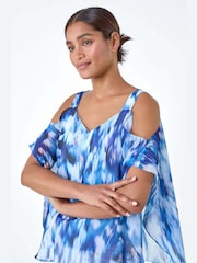 Roman Blue Abstract Print Cold Shoulder Overlay Top - Image 4 of 5